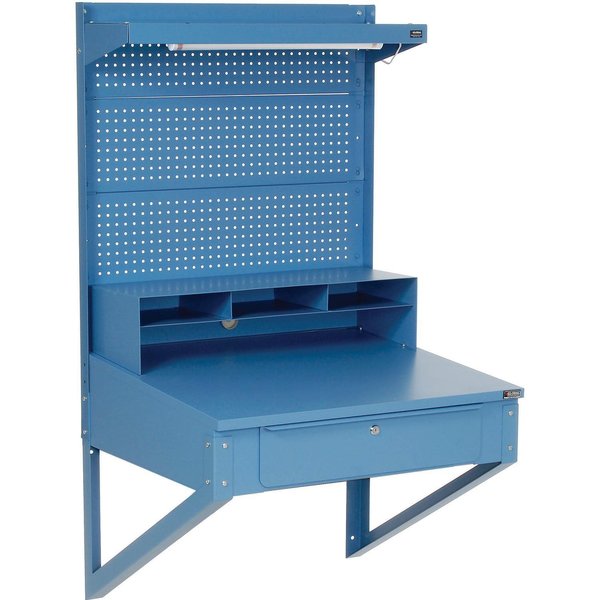 Global Industrial Shop Desk Wall Mount with Pegboard Riser, 34-1/2W x 30D x 61H, Blue 249510